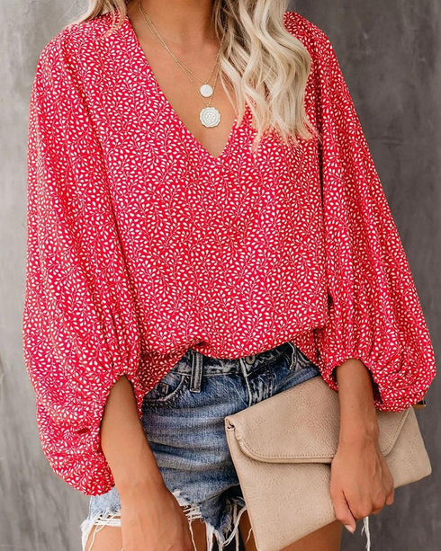 All Over Print Surplice Neck Lantern Sleeve Blouse